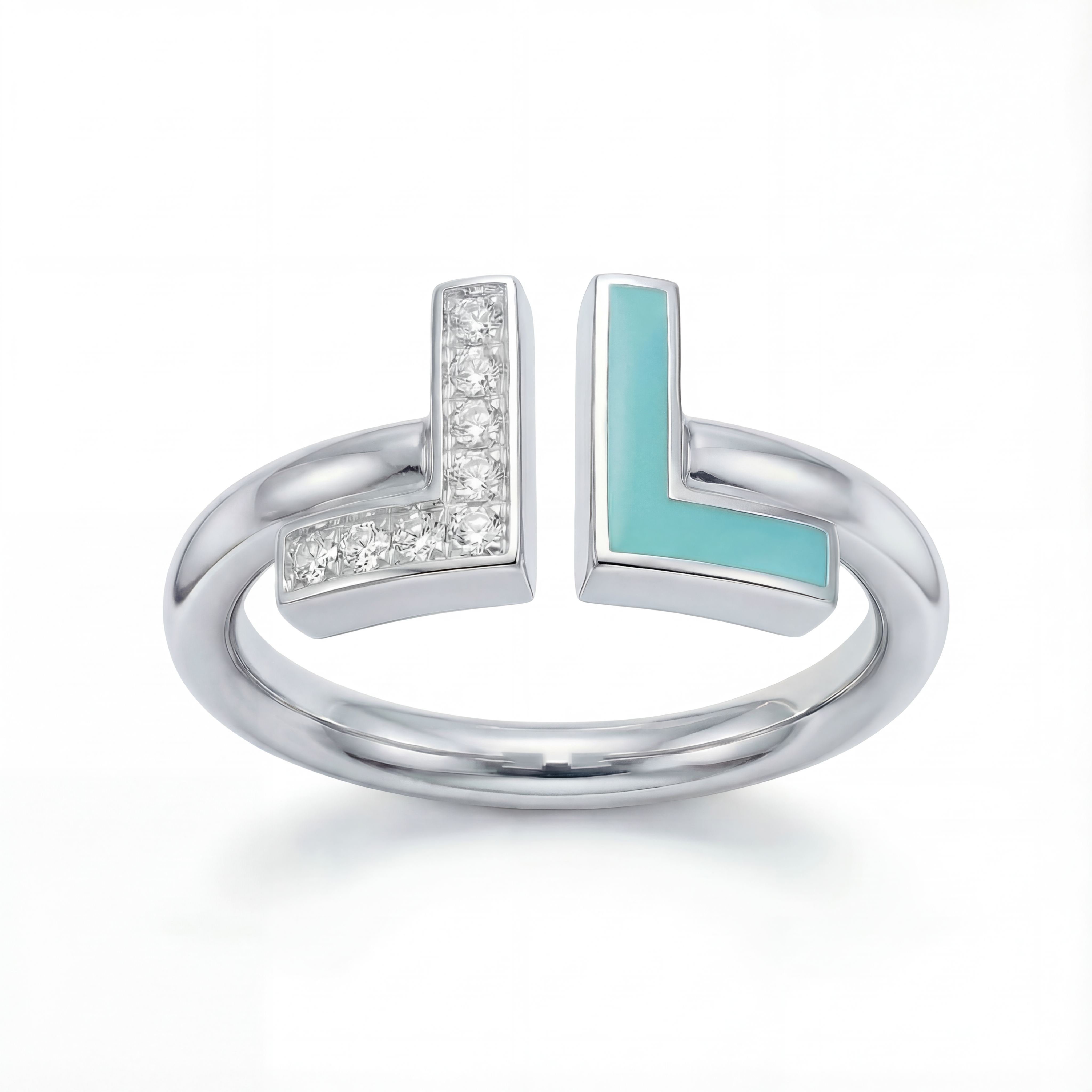 Open band ring with pave diamonds and turquoise enamel accents